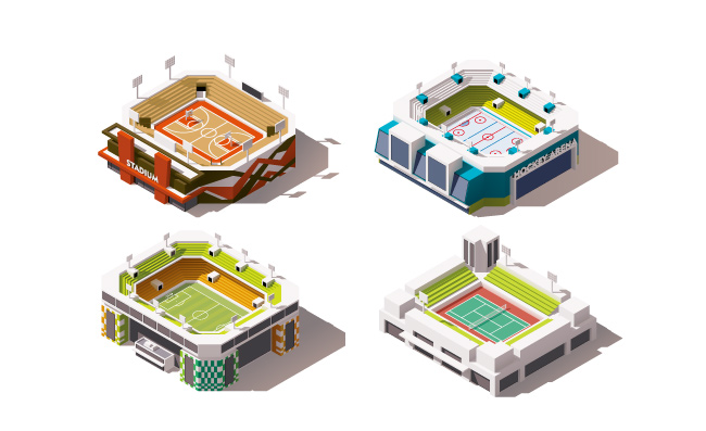 等距立体城市体育馆建筑矢量插图